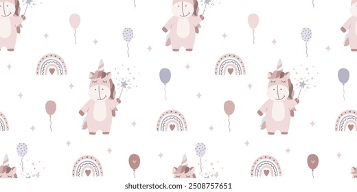 Nettes Kindermuster in minimalem Design mit Einhorn, Regenbogen, Ballons. Vektorgrafik im flachen Stil. Cartoon böhmischen nahtlosen Muster in Pastellbeige Farben.
