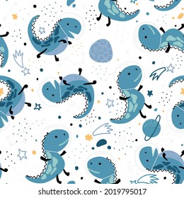 Cute children's pattern with a space dinosaur with a planet, stars and comets, meteorites around it. Seamless pattern with space dinosaur. Vector. For print, clothing, wrapping paper. 