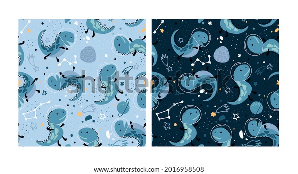 Cute children\'s pattern with a space dinosaur\
with a planet, stars and comets around it. Set, Seamless pattern\
with space dinosaur. For children\'s prints, textiles, clothing,\
wrapping paper. Vector.\
