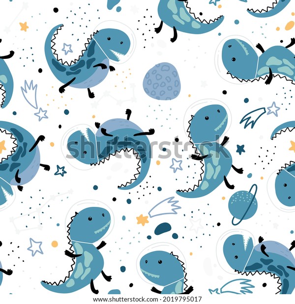 Cute\
children\'s pattern with a space dinosaur with a planet, stars and\
comets, meteorites around it. Seamless pattern with space dinosaur.\
Vector. For print, clothing, wrapping paper.\
