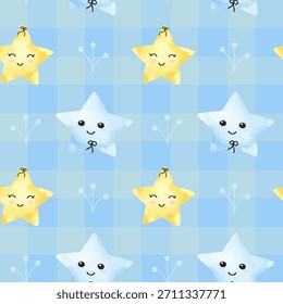 Cute children's pattern of stars with bows, In watercolor style, with eyes, smiles. Delicate children's texture for fabric, packaging, branding vector