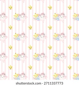 Cute children's pattern of stars with bows, In watercolor style, with eyes, smiles. Delicate children's texture for fabric, packaging, branding vector