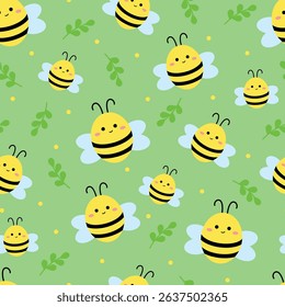 Cute children's pattern with yellow bees in black stripes on a light green background for textiles