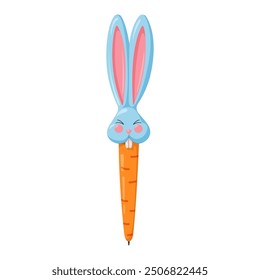 Cute children's pen with a funny bunny head cap. Kids pen with rabbit head and carrot. School stationery supply. Pen with a funny animal for banner, postcard, poster. Vector hand-drawn illustration.