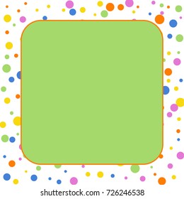 Cute Children's Postcard. Square Blue Frame or Cover. Multicolored Abstract Background of Confetti. Vector Isolated Confetti on White Background Pattern. Template, Cover, Invitation, Birthday.