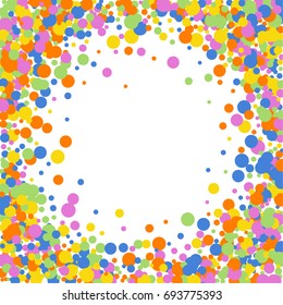 Cute Children's Postcard. Square Frame or Cover. Multicolored Abstract Background of Confetti. Vector Isolated Confetti on White Background Pattern. Template and Cover Holiday, Invitation, Birthday.