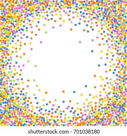 Cute Children's Postcard. Square Frame or Cover. Multicolored Abstract Background of Confetti. Vector Isolated Confetti on White Background Pattern. Template and Cover Holiday, Invitation, Birthday.