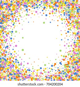 Cute Children's Postcard. Square Frame or Cover. Multicolored Abstract Background of Confetti. Vector Isolated Confetti on White Background Pattern. Template and Cover Holiday, Invitation, Birthday.
