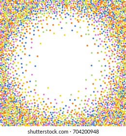 Cute Children's Postcard. Square Frame or Cover. Multicolored Abstract Background of Confetti. Vector Isolated Confetti on White Background Pattern. Template and Cover Holiday, Invitation, Birthday.