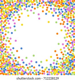 Cute Children's Postcard. Square Frame or Cover. Multicolored Abstract Background of Confetti. Vector Isolated Confetti on White Background Pattern. Template and Cover Holiday, Invitation, Birthday.