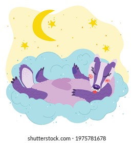 Cute children's poster: badger sleeping on a cloud, small stars, moon, crescent moon. Vector hand drawn illustration. nursery poster.