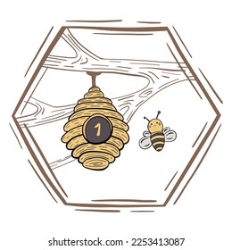 A cute children's poster with the number 1, with adorable bees with honey and a beehive on a tree, vector illustration. Kindergarten numbers and counting worksheet. Toddler education, preschool.