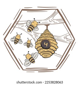 A cute children's poster with the number 1, with adorable bees with honey and a beehive on a tree, vector illustration. Kindergarten numbers and counting worksheet. Toddler education, preschool.