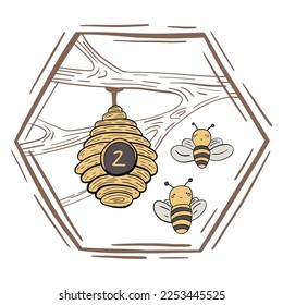 A cute children's poster with the number 2, with adorable bees with honey and a beehive on a tree, vector illustration. Kindergarten numbers and counting worksheet. Toddler education, preschool.