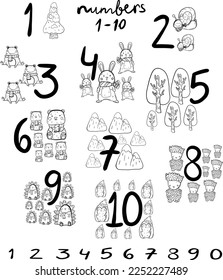 A cute children's poster with the numbers from 1 to10, with adorable illustration. Kindergarten numbers and counting worksheet. Toddler education, preschool curriculum, homeschool. Coloring page