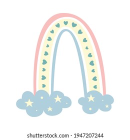Cute childrens rainbow in minimalistic boho style with stars. Suitable for cards, posters, ornaments of the childrens room. Vector illustration