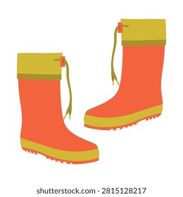 Cute children's rubber boots. Red and yellow boots, Isolated vector illustration.