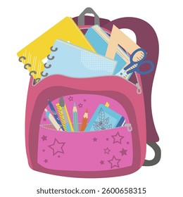 Cute children's school backpack with books, supplies, textbooks, notebooks, pens, pencils, paints, ruler for girl. Children education. Vector flat illustration