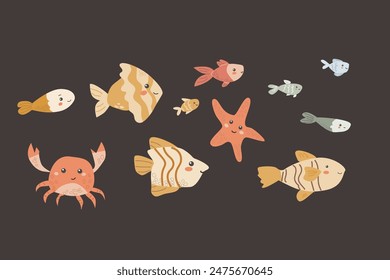 Cute childrens sea animals set. Marine underwater elements collection. Ocean inhabitants set of fish, crab and other cute characters. Wild aquatic creatures in childish naive hand drawn style.