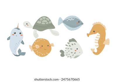 Cute childrens sea animals set. Marine underwater elements collection. Ocean inhabitants set of fugu,turtle and other cute characters. Wild aquatic creatures in childish naive hand drawn style.