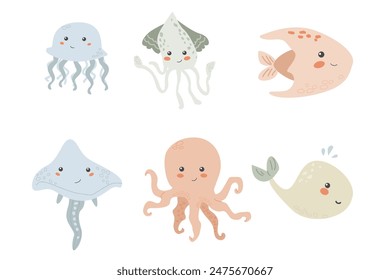 Cute childrens sea animals set. Marine underwater elements collection. Ocean inhabitants set of octopus, whale and other cute characters. Wild aquatic creatures in childish naive hand drawn style.