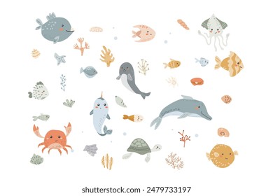 Niños lindos animales de mar conjunto. Colección de Elementos submarinos. Habitantes del océano conjunto de delfines, cangrejos y otros personajes lindos. Criaturas acuáticas salvajes en un estilo dibujado a mano infantil ingenuo.