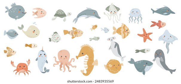 Niños lindos animales de mar conjunto. Colección de Elementos submarinos. Habitantes del océano conjunto de delfines, ballenas y otros personajes lindos. Criaturas acuáticas salvajes en un estilo dibujado a mano infantil ingenuo.