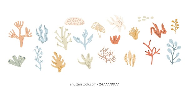 Cute childrens sea plants set. Marine underwater elements collection. Ocean inhabitants set of coral. Wild aquatic creatures in childish naive hand drawn style.