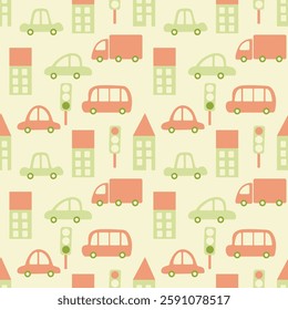 Cute children's seamless background with cars and houses
