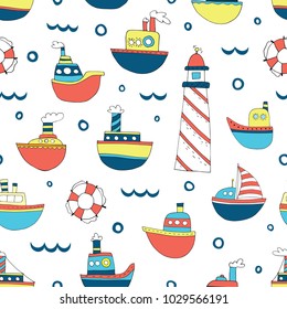 Cute childrens seamless hand drawn sailing-ship pattern with colorful ships. Nice sea life kids texture for textile, wrapping paper, wallpaper, swimming cloth.