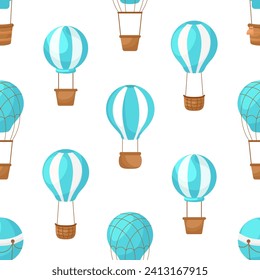 Cute children's seamless pattern with blue hot air balloons. Creative kids texture for fabric, wrapping, textile, wallpaper, apparel. Vector illustration.
