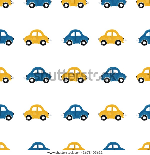 Cute\
children\'s seamless pattern with blue and yellow small cars on a\
light background. Illustration of a automobils in a cartoon style\
for Wallpaper, fabric, and textile design.\
Vector