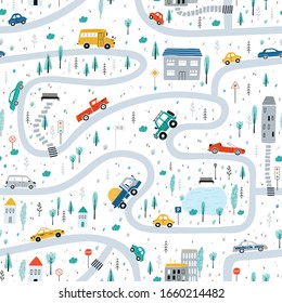 Cute children's seamless pattern with cars, road, Park, houses on a white background. Illustration of a town in a cartoon style for Wallpaper, fabric, and textile design. Vector