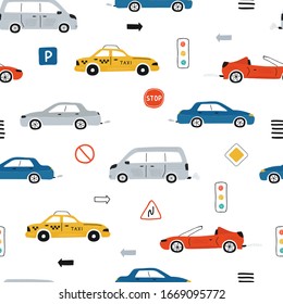Cute children's seamless pattern with cars, traffic lights and road signs on a white background. Illustration of highway in a cartoon style for Wallpaper, fabric, and textile design. Vector