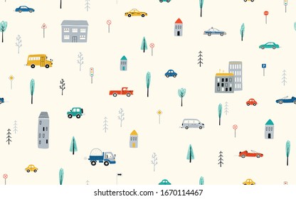 Cute children's seamless pattern with cars, road, houses on a light background. Illustration of a town in a cartoon style for Wallpaper, fabric, and textile design. Vector