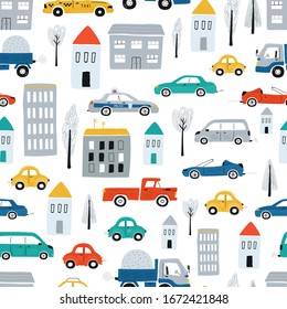 Cute children's seamless pattern with cars, road, building on white background. Illustration of automobiles in flat style for Wallpaper, fabric, and textile design. Vector