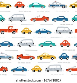 Cute children's seamless pattern with cars, traffic lights and road signs on a white background. Illustration of highway in a cartoon style for Wallpaper, fabric, and textile design. Vector