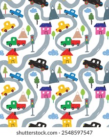 Cute children's seamless pattern with cars, road, park, houses on a white background. Illustration of a town in a cartoon style for wallpaper, fabric, and textile design. Vector stock illustration