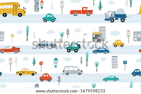 Cute children's seamless pattern with cars, traffic lights and road signs on a white background. Illustration of highway in a cartoon style for Wallpaper, fabric, and textile design. Vector