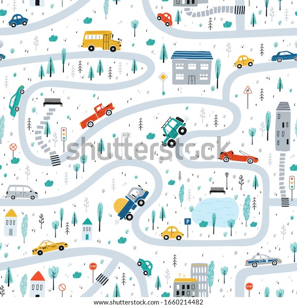Cute\
children\'s seamless pattern with cars, road, Park, houses on a\
white background. Illustration of a town in a cartoon style for\
Wallpaper, fabric, and textile design.\
Vector