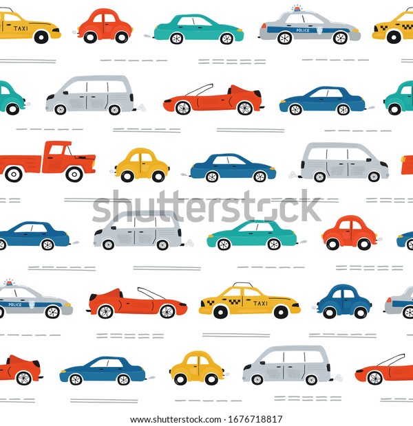 Cute children\'s seamless pattern with cars,\
traffic lights and road signs on a white background. Illustration\
of highway in a cartoon style for Wallpaper, fabric, and textile\
design. Vector