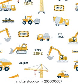 Cute children's seamless pattern with crane, road roller and dump truck on white background. Illustration construction site in cartoon style for wallpaper, fabric, and textile design. Vector