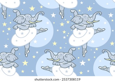 Lindo patrón sin costuras de los niños. Bailarina de elefante. Animales graciosos. Ilustración vectorial. Delicado azul pastel gamma. Plantilla para los niños textiles, ropa, interior de la habitación del vivero, ropa de cama.