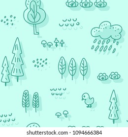 Cute children's seamless pattern with forest theme. Cool bright ornament is great for prints, textiles, covers, gift wrappers, backdrops. Vector illustration.