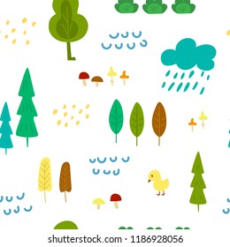 Cute children's seamless pattern with forest theme. Cool bright ornament is great for prints, textiles, covers, gift wrappers, backdrops. Vector illustration.