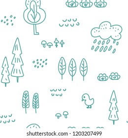 Cute children's seamless pattern with forest theme. Cool bright ornament is great for prints, textiles, covers, gift wrappers, backdrops. Vector illustration.