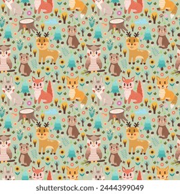 Cute children's seamless pattern with forest inhabitants - squirrel, fox, hare, owl and other animals. Wild animals in the forest vector print for children, or other projects
