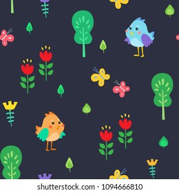 Cute children's seamless pattern. Funny birds among nature - trees, leaves, flowers and butterflies. Ornament is great for prints, textiles, covers, gift wrappers, backdrops.