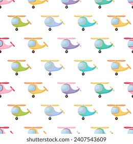 Das nahtlose Muster von Kindern mit Hubschraubern ausrutschen. Kreative Kindertextur für Stoff, Umhüllung, Textilien, Tapeten, Bekleidung. Vektorgrafik.