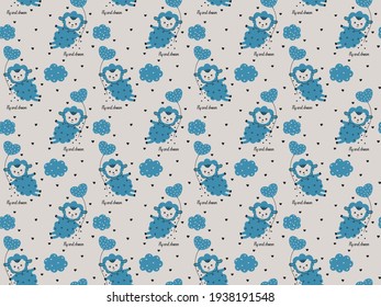Motif harmonieux pour enfants de petits agneaux caricaturaux bleus volant avec des ballons en forme de coeur, inscriptions calligraphiques 
